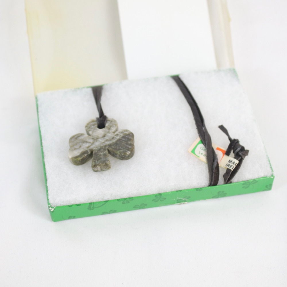 Connemara Marble Shamrock Necklace w/ Genuine Leather Cord Handmade in Ireland